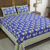 Hand Block Printed Cotton King Size Bedsheet With 2 Pillow Covers, 106 X 106 Inches, Blue | 200 Thread Count-Good For Villas, Resorts, Guest Houses, & Daily Home Use