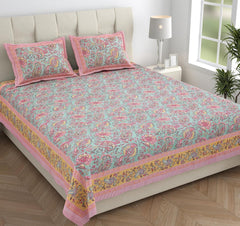 Pure Cotton Double Bedsheet For King Size With 2 Pillow Covers | 90 X 108 Inches, Sky Blue & Pink | Ultra-Soft & Skin-Safe | Breathable Summer Comfort