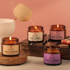 ENGLISH ROSE,VANILLA CARAMEL, NIGHT JASMINE,FRENCH LAVENDER JAR CANDLES SET OF 4