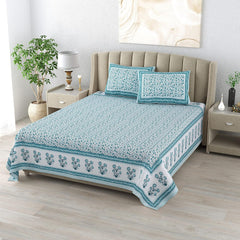 King Size Double Bedsheet With 2 Matching Pillow Covers Set | 90 X 108 Inches, White & Blue - Designer Printed Bedsheet Set | Perfectly Styled & Coordinated Look Bedsheet