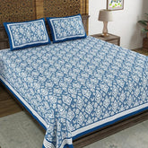 Hand Block Printed Cotton King Size Bedsheet With 2 Pillow Covers, 106 X 106 Inches, Blue | 200 Thread Count-Good For Villas, Guest Houses, & Daily Home Use
