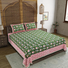 Traditional Hand Block Printed Cotton King Size Bedsheet With 2 Pillow Covers, 104 X 104 Inches, Green | 200 Thread Count-Vibrant Bedding For Stylish Bedrooms