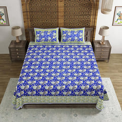 Hand Block Printed Cotton King Size Bedsheet With 2 Pillow Covers, 106 X 106 Inches, Blue | 200 Thread Count-Good For Villas, Resorts, Guest Houses, & Daily Home Use