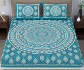 Printed Jaipuri Bedsheet For Double Bed With 2 Pillow Covers - 83 X 94 Inches, Sea Green | Long Lasting & Soft 120 Thread Count Bedsheet