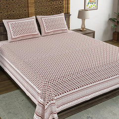 Hand Block Printed Cotton King Size Bedsheet With 2 Pillow Covers, 106 X 106 Inches, Brown | Good For Villas, Guest Houses, & Daily Home Use