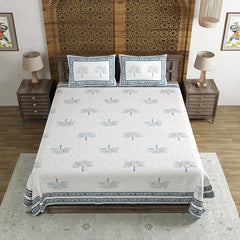 Hand Block Printed Cotton King Size Bedsheet With 2 Pillow Covers, 90 X 108 Inches, Light Grey | Good For Villas, Guest Houses, & Daily Home Use
