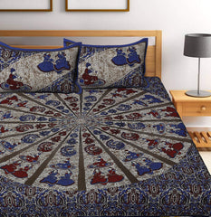 Jaipuri Traditional Queen Size Double Bedsheet With 2 King Size Pillow Covers - 84 X 93 Inches, Blue & Brown | Unique Design & Color Combination Perfectly Suits To Your Bedroom