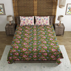 Hand Block Printed Cotton King Size Bedsheet With 2 Pillow Covers, 106 X 106 Inches, Green | 200 Thread Count-Good For Villas, Resorts, Guest Houses, & Daily Home Use