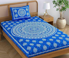 Single Bedsheet With 1 Pillow Covers - 54 X 84 Inches, Blue | Long Lasting & Soft 120 Thread Count Bedsheet | Traditional Jaipuri Printed Bedsheet
