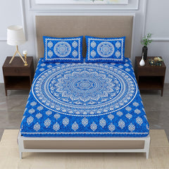 Printed Jaipuri Bedsheet For Double Bed With 2 Pillow Covers - 83 X 94 Inches, Blue | Long Lasting & Soft 120 Thread Count Bedsheet