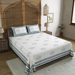 Hand Block Printed Cotton King Size Bedsheet With 2 Pillow Covers, 90 X 108 Inches, Light Grey | Good For Villas, Guest Houses, & Daily Home Use