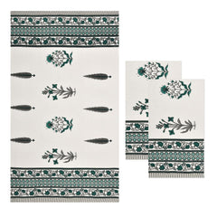 Easygoods Waffle 1 Bath & 2 Hand Towels Beautiful Pure Cotton Hand Block Printed Soft Water Absorbent Towels 250 Gsm (Garden Green) | Pack Of 3