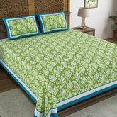 Hand Block Printed Cotton King Size Bedsheet With 2 Pillow Covers, 106 X 106 Inches, Green | 200 Thread Count-Good For Villas, Guest Houses, & Daily Home Use