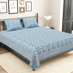 Pure Cotton King Size Bedsheet 2 Matching Pillow Covers | 100x108 Inches, White & Blue | Traditional Jaipuri Printed Bedsheet | Ideal Wedding Gift, Housewarming, Special Occasion Surprise