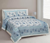 1 Queen Size Bedsheet For Double Bed With 2 Pillow Covers (90 X 108 Inches) Cream & Blue | Floral Print Designs - Breathable 100% Cotton Bedsheet Comfortable