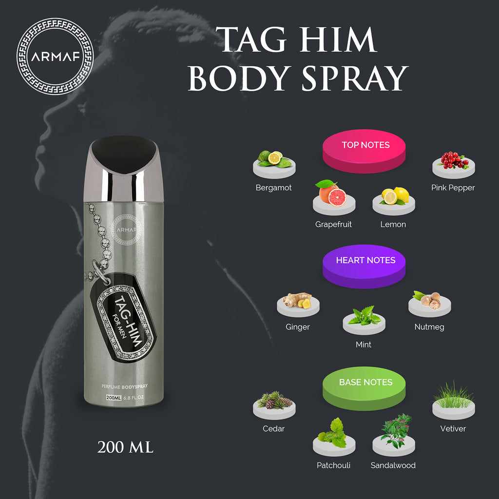 Armaf Tag Him For Men Perfume Body Spray 200ml 6.7 Fl.oz. Long Lasting | Daily Wear | Alcohol Free Armaf Tag Him For Men Perfume Body Spray 200ml 6.7 Fl.oz. Long Lasting | Daily Wear | Alcohol Free