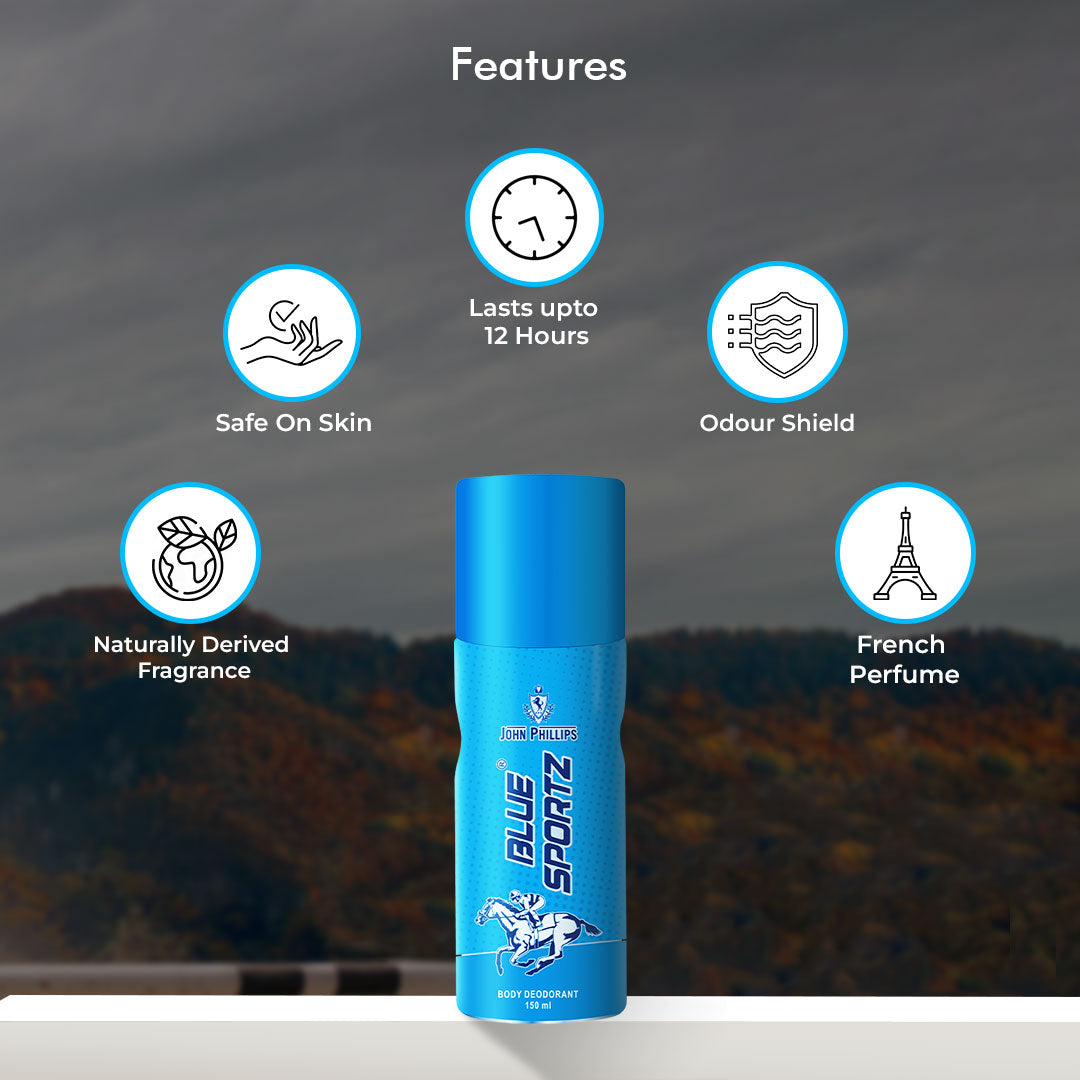 John Phillips Blue Sportz 150ml 5 Fl.oz. & Smog Classic 120ml 4 Fl.oz. No Gas Deodrant For Men John Phillips Blue Sportz 150ml 5 Fl.oz. & Smog Classic 120ml 4 Fl.oz. No Gas Deodrant For Men