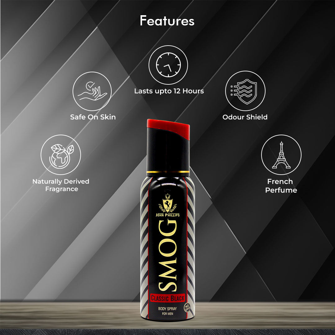 John Phillips Smog Classic Black 120ml 0.4 Fl.oz. &  Smog Classic 120ml 4 Fl.oz. No Gas Deodrant For Men | Long Lasting John Phillips Smog Classic Black 120ml 0.4 Fl.oz. &  Smog Classic 120ml 4 Fl.oz. No Gas Deodrant For Men | Long Lasting
