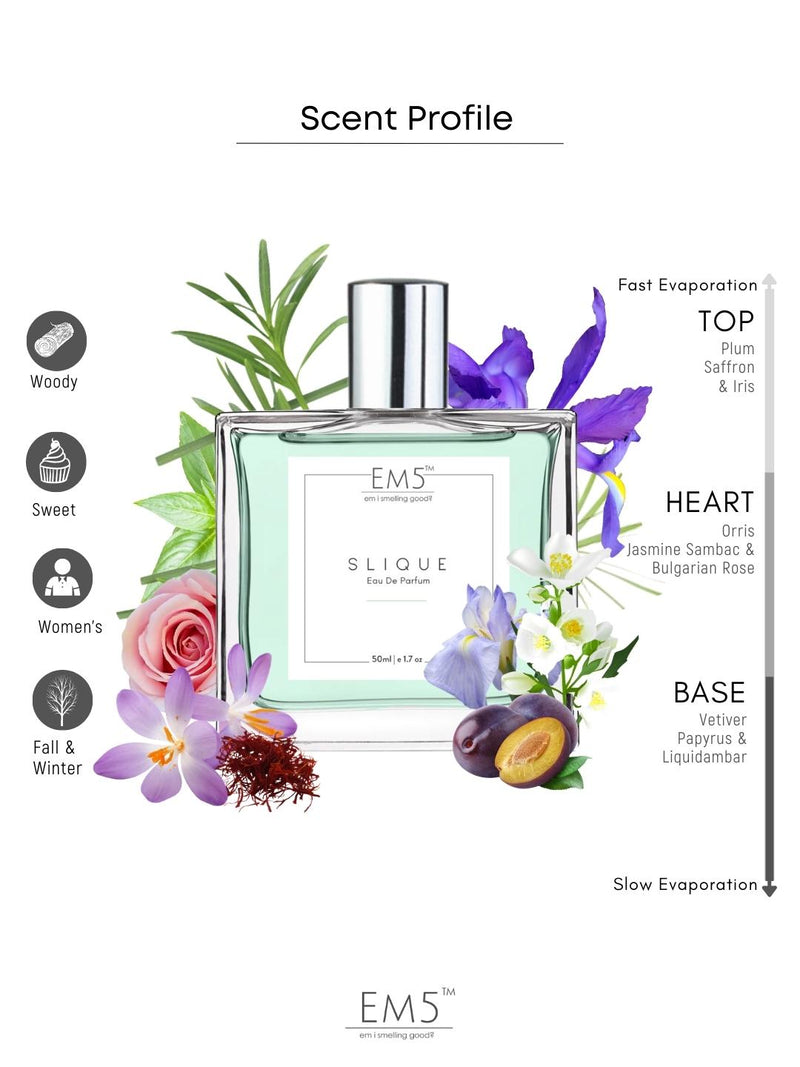 EM5 Slique Eau De Parfum For Women 50 Ml 1.7 Fl.oz. | Strong & Long Lasting | Fruity Amber Earthy | Luxury Gift For Women EM5 Slique Eau De Parfum For Women 50 Ml 1.7 Fl.oz. | Strong & Long Lasting | Fruity Amber Earthy | Luxury Gift For Women