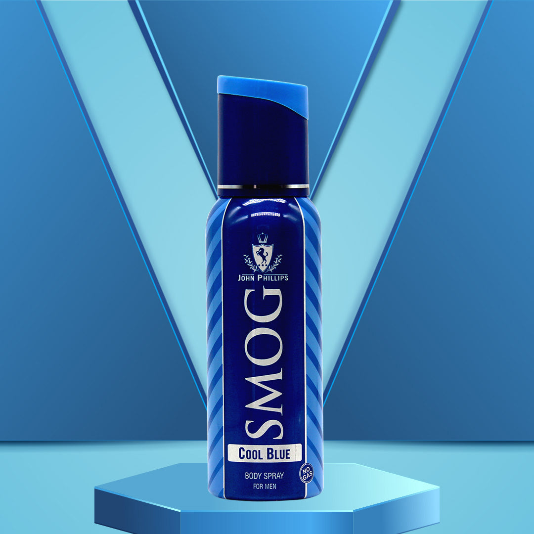 John Phillips Blue Sportz 150ml 5 Fl.oz. & Smog Cool Blue 120ml 4 Fl.oz. No Gas Deodrant For Men | Long Lasting John Phillips Blue Sportz 150ml 5 Fl.oz. & Smog Cool Blue 120ml 4 Fl.oz. No Gas Deodrant For Men | Long Lasting