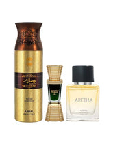Ajmal Jannatul Firdaus Cp 10ml 0.3 Fl.oz. + Wisal Dhahab Perfume Deodrant 200ml 6.7 Fl.oz. + Aretha Eau De Parfum 50ml 1.6 Fl.oz. | For Unisex Combo Of 3