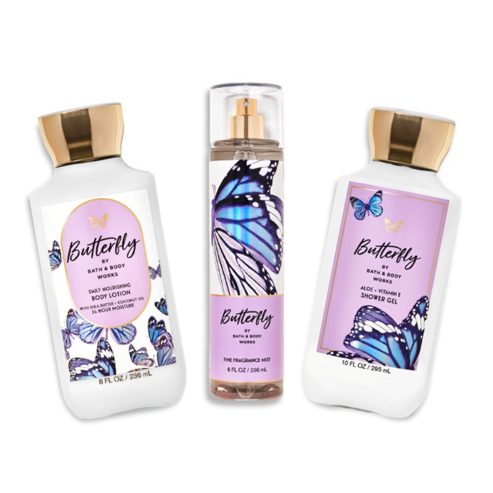 BATH & BODY WORKS BUTTERFLY SHOWER GEL, BODY LOTION & FRAGRANCE MIST COMBO 767ML 25.9 FL.OZ. BATH & BODY WORKS BUTTERFLY SHOWER GEL, BODY LOTION & FRAGRANCE MIST COMBO 767ML 25.9 FL.OZ.