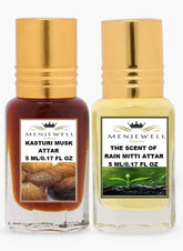 Menjewell Kasturi Musk + The Scent Of Rain Mitti Attar Perfume 5ml 0.17 Fl.oz. Each Pack Of 2 Unisex Fragrance | Finest Pure Perfume | No Alcohol