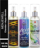 Menjewell Musky Chandan Sandalwood Prime + Aqua For Men Prime + Smoke Prime Eau De Parfum 105ml 3.5 Fl.oz. Each | Masculine Fragrances