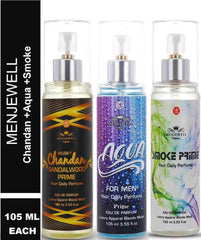 Menjewell Musky Chandan Sandalwood Prime + Aqua For Men Prime + Smoke Prime Eau De Parfum 105ml 3.5 Fl.oz. Each | Masculine Fragrances