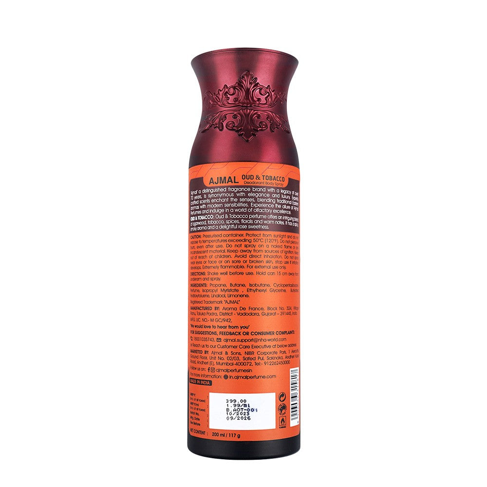 Ajmal Oud & Tobacco Deodorant Body Spray 200ml 6.7 Fl.oz. Perfume For Men & Women | Non-Alcoholic Ajmal Oud & Tobacco Deodorant Body Spray 200ml 6.7 Fl.oz. Perfume For Men & Women | Non-Alcoholic