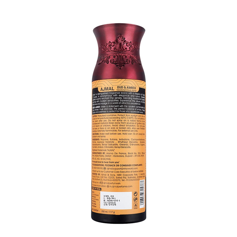 Ajmal Oud & Amber Deodorant Body Spray 200ml 6.7 Fl.oz. Perfume For Men & Women | Non-Alcoholic Ajmal Oud & Amber Deodorant Body Spray 200ml 6.7 Fl.oz. Perfume For Men & Women | Non-Alcoholic