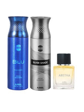 Men Blu + Silver Shade Deodorant 200ml 6.7 Fl.oz. Each X2 + Aretha Eau De Parfum 50ml 1.6 Fl.oz. | Combo Of 3