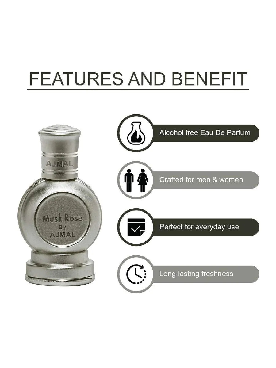 Ajmal Musk Rose Concentrated Floral Perfume 12ml 0.4 Fl.oz. Free From Alcohol | For Unisex Ajmal Musk Rose Concentrated Floral Perfume 12ml 0.4 Fl.oz. Free From Alcohol | For Unisex