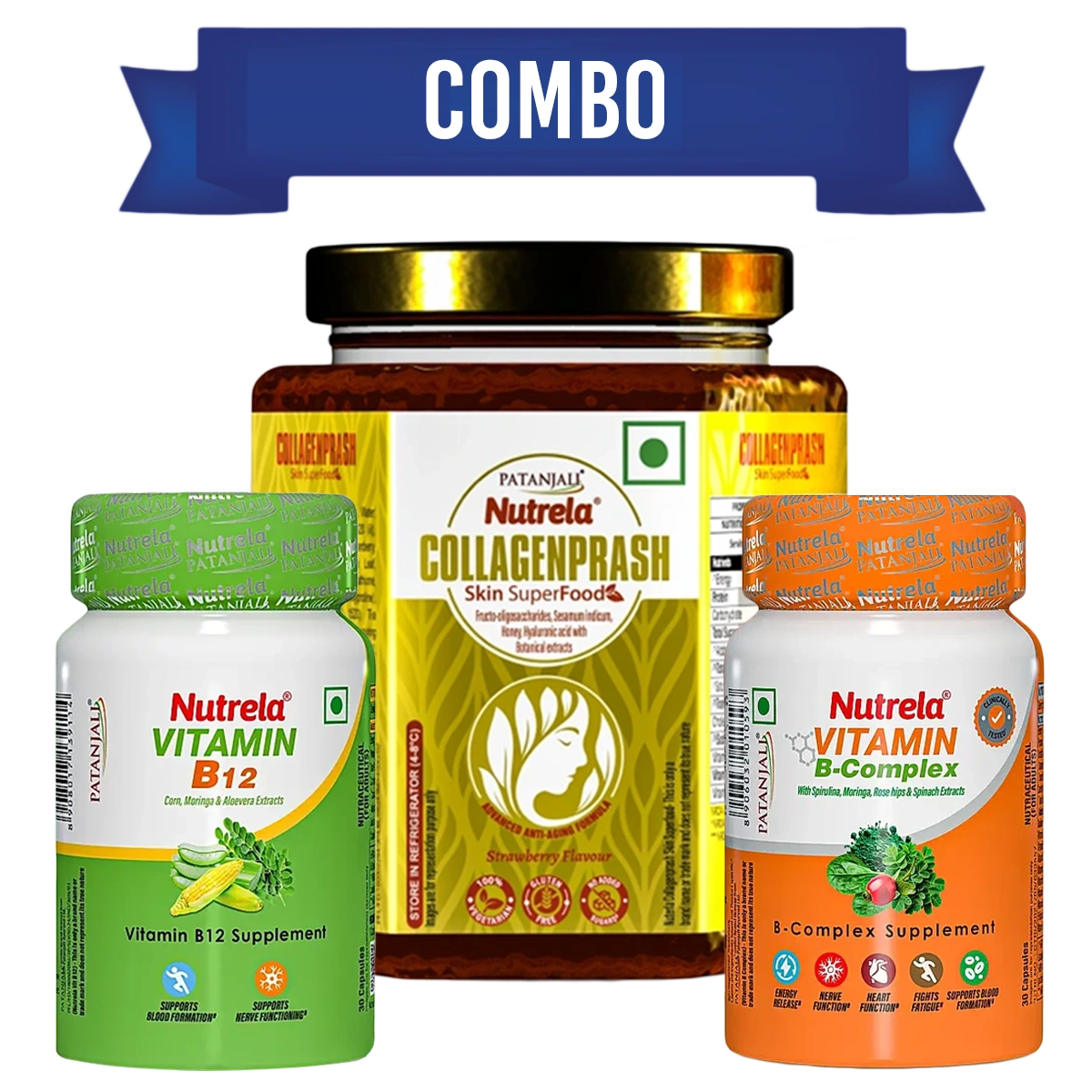 Patanjali Combo-Nutrela Collagenprash (400g) + Nutrela B12 Capsule (30n) + B-Complex (30n), 432gm