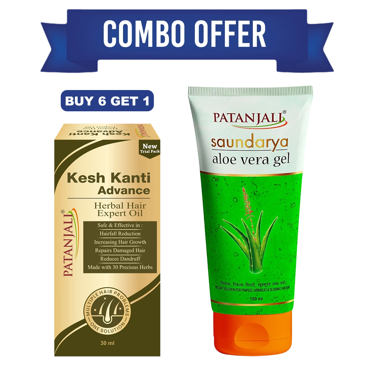 Patanjali Kesh Kanti Advance Herbal Hair Oil 30ml Each 6pcs + 1 Free (B6 G1) Aloe Vera Gel 150ml