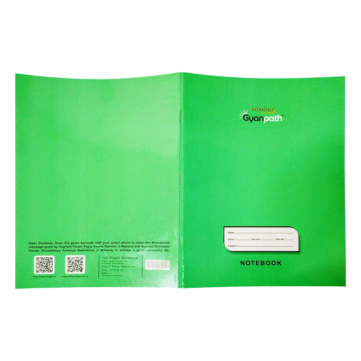 Patanjali Gyanpath Notebook (18x24 Cm) Green, 120pages Square, Pack Of 1