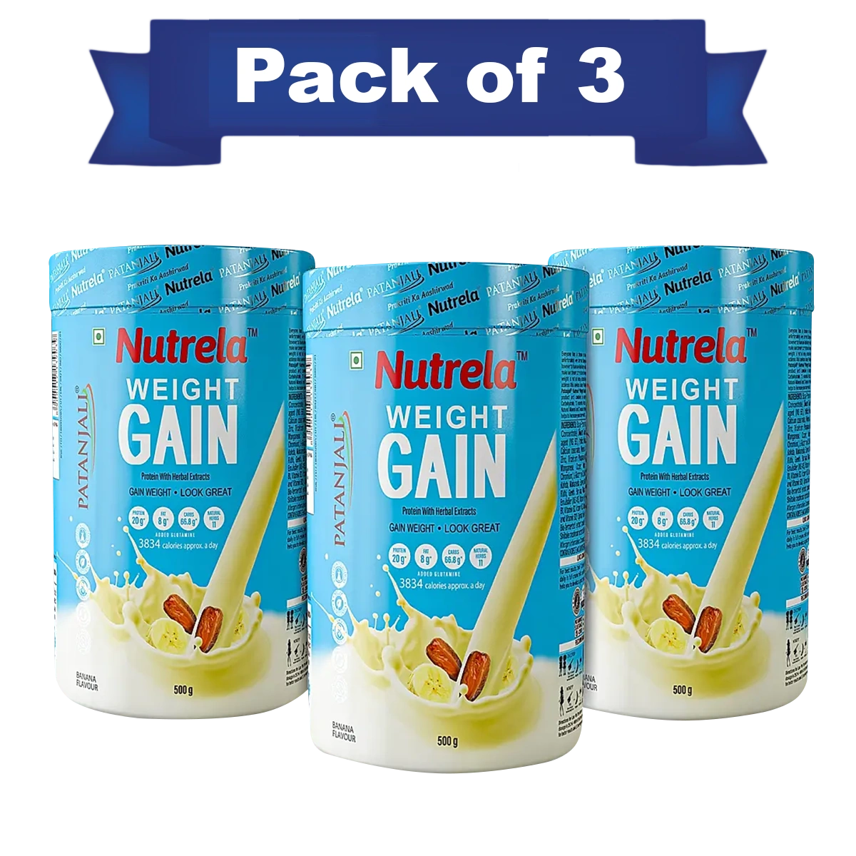 Patanjali Nutrela Weight Gain, Banana Flavor, 500g (Pack Of 3), With Vegetarians & Non-Vegetarians