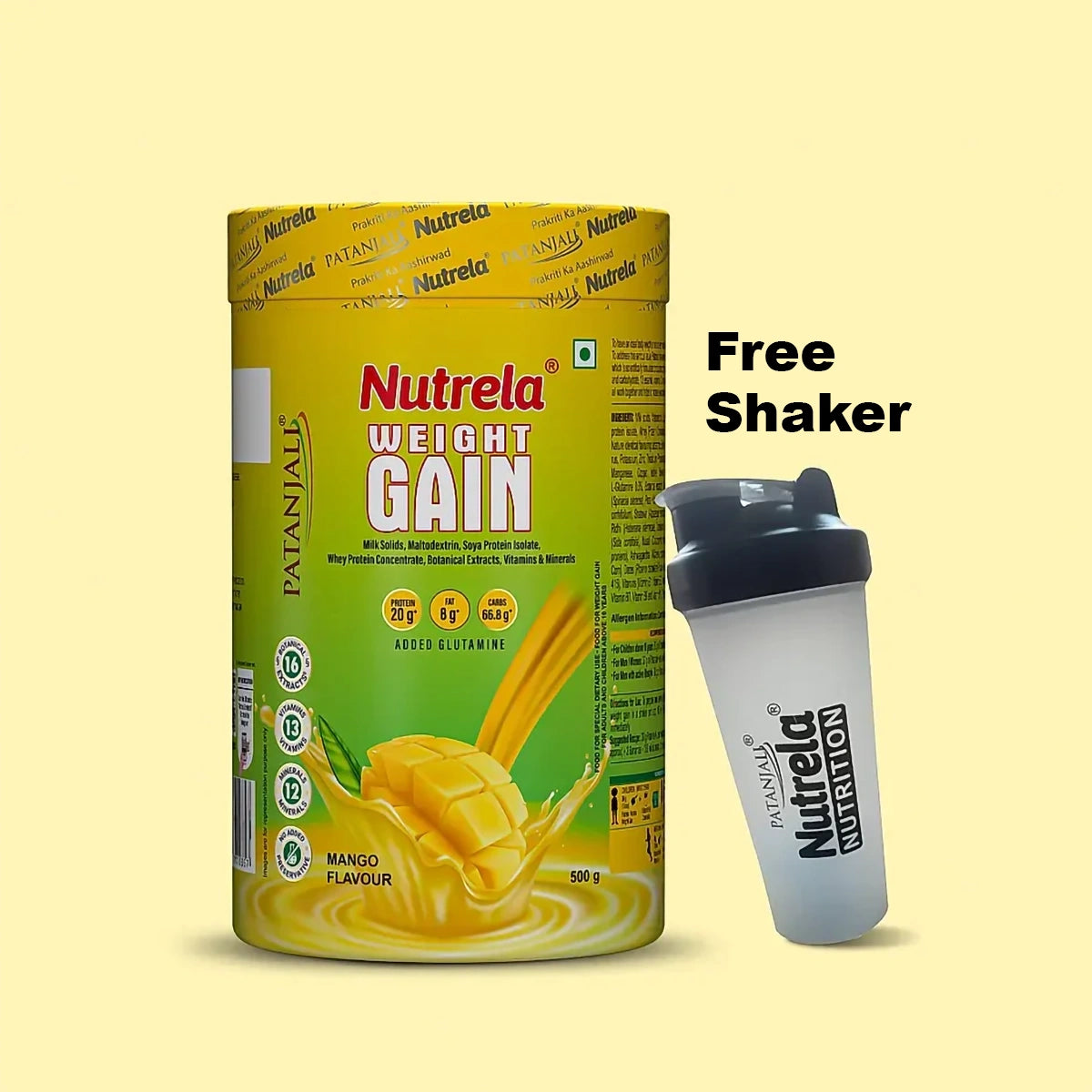 Patanjali Nutrela Weight Gain (Mango Flavour), Free Shaker, With Healthy Weight Gain, 500gm