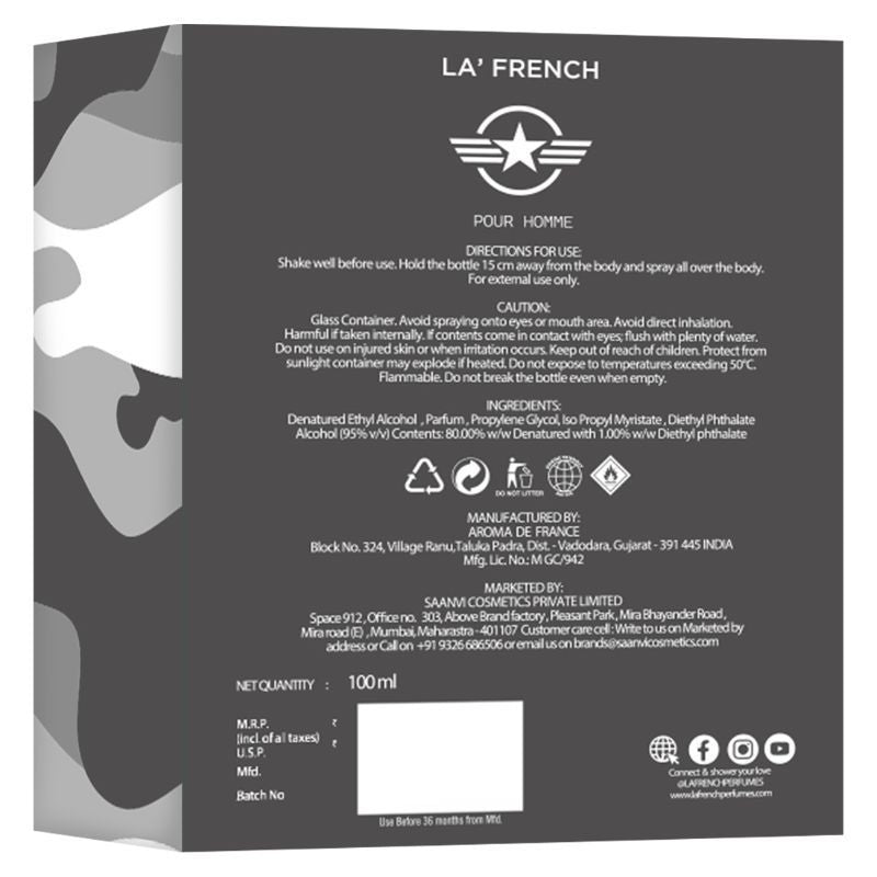 La French War Zone Pour Homme Eau De Parfum 100ml 3.4 Fl.oz. | Long Lasting & Unisex Fragrance