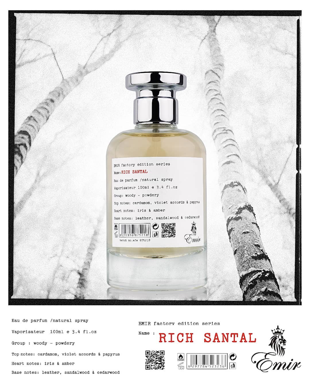 Emir Rich Santal Factory Edition Eau De Parfum 100ml 3.4 Fl.oz. Unisex Fragrance | Long Lasting | Daily Wear