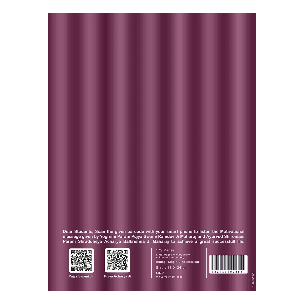 Patanjali Gyanpath Notebook (918x24 Cm) Purple, 172pages Single Line Interleaf, Pack Of 1
