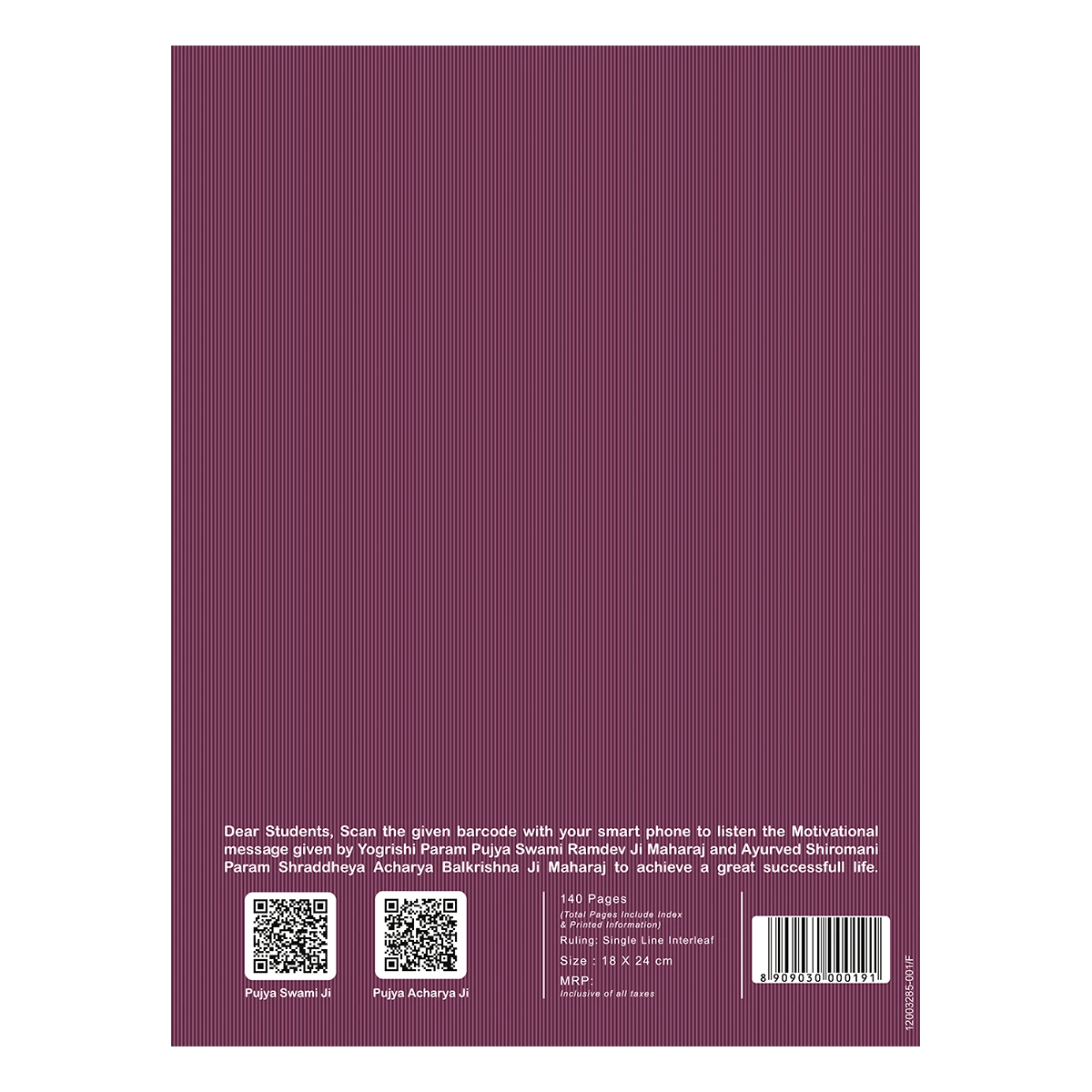 Patanjali Gyanpath Notebook (18x24 Cm) Purple, 140pages Single Line Interleaf, Pack Of 1