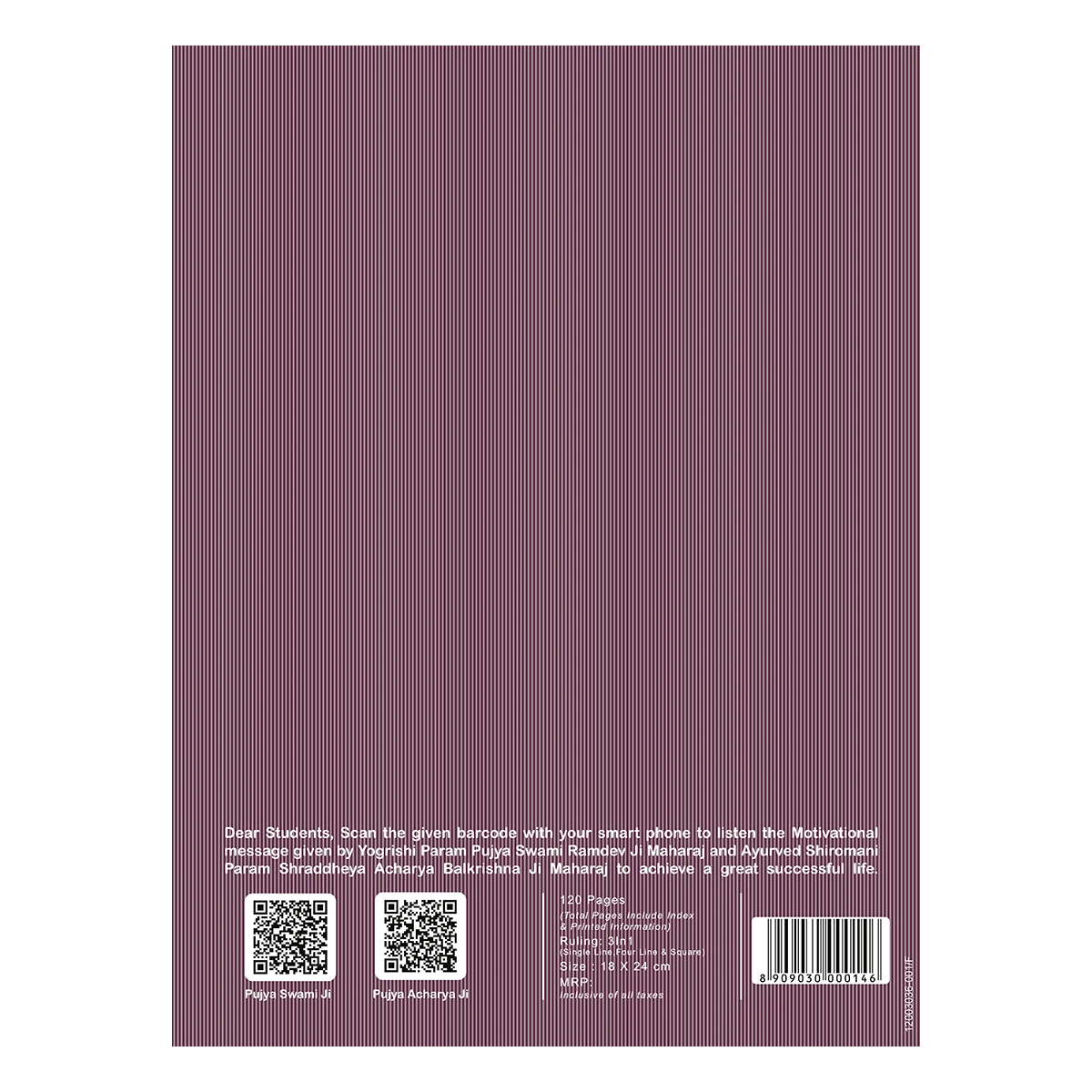 Patanjali Gyanpath Notebook (18x24 Cm) Purple, 120pages 3 In 1, Pack Of 1