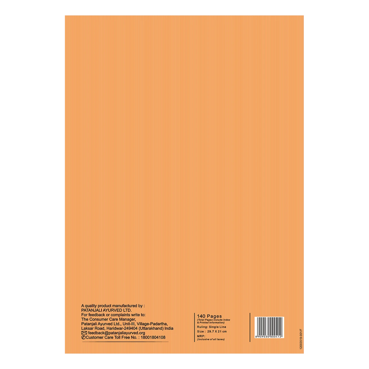 Patanjali A4 Gyanpath Notebook (29.7x21 Cm) Orange 140pages Single Line, Pack Of 1