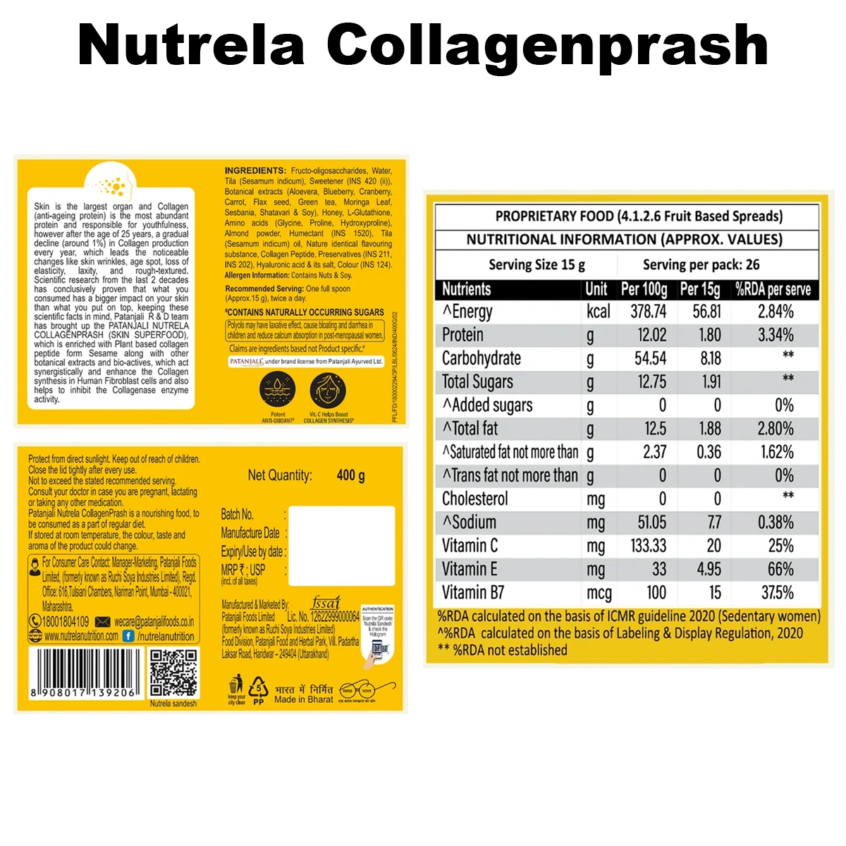 Patanjali Combo-Nutrela Collagenprash (400g) + Nutrela B12 Capsule (30n) + B-Complex (30n), 432gm