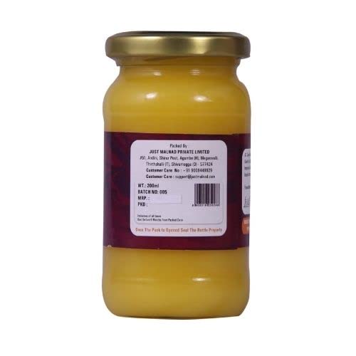 Organic Natural Gidda Desi Cow A2 Ghee By Just Malnad | Traditional Grassfed Bilona Method Healthy Pure Desi Ghee Good For Eyes | (200ml) 6.7 Ounce | Jar Pack