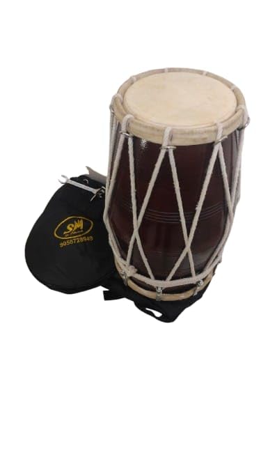Rope Fitting Wooden Dholak With Full Kit - Brown | Perfectly Symmetric Round Dholak - Dholak For Festival, Wedding, Satsang | Very Easy To Tune