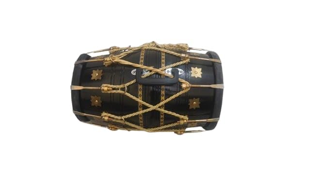 Professional Stylish Look Black Dholak With Golden Bolts & Beautiful Printed Rope - Black & Gold | Perfectly Symmetric Round Dholak, Dholak For Festival, Wedding, Satsang