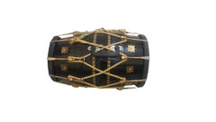 Professional Stylish Look Black Dholak With Golden Bolts & Beautiful Printed Rope - Black & Gold | Perfectly Symmetric Round Dholak, Dholak For Festival, Wedding, Satsang