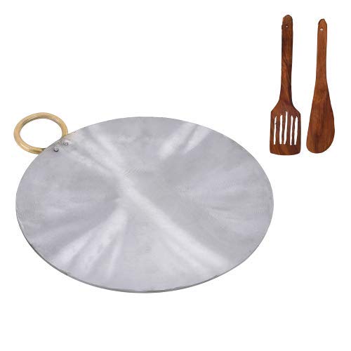 Pure Silver Cast Iron Dosa Tawa With Handle + 2 Wooden Spatula Free | Chilla Pan, Uttapam Tawa For Making Dosa, Uttapam, Chilla, Etc. | Round, Size - 36 X 30 Cm